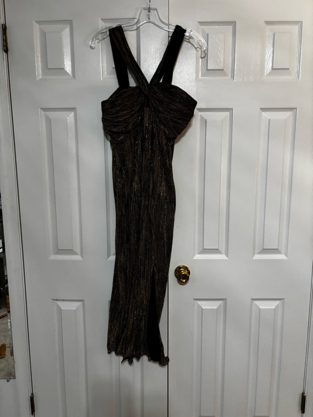 Saylor women’s large Shimmery Bronze-Black Striped Party Dress